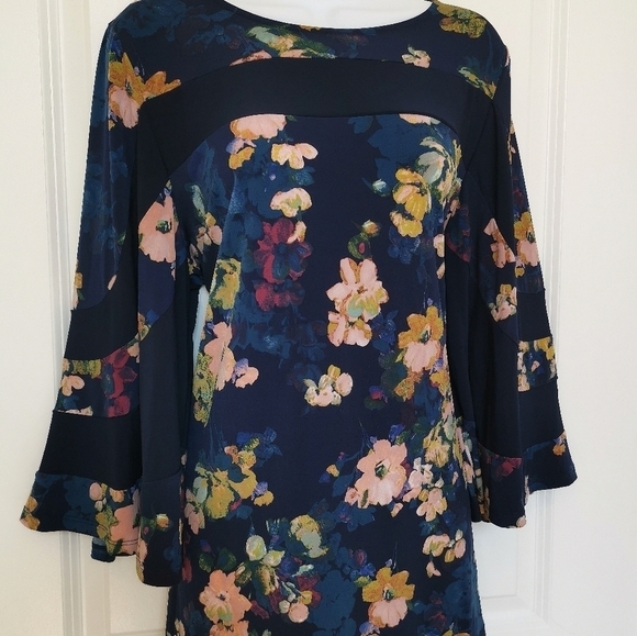 Nina Leonard Navy Blue Floral Jersey Top Large - Picture 9 of 13